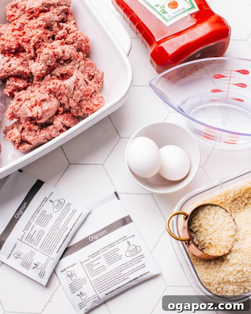 Lipton's Signature Meatloaf 3 All ingredients for Lipton Meatloaf laid out on a cutting board.