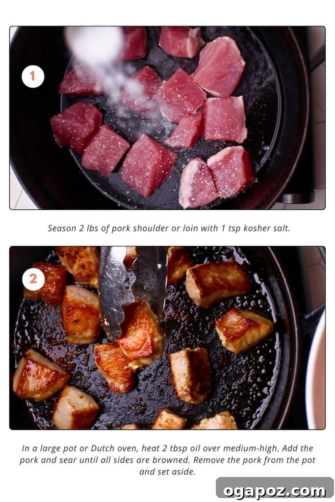 The Ultimate Award-Winning Pork Green Chili 5 Process shots: Seasoned pork shoulder pieces are sprinkled with kosher salt, then seared in oil in a black skillet until browned on all sides.