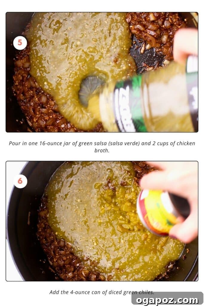 The Ultimate Award-Winning Pork Green Chili 7 Process shots: Green salsa is poured into the skillet over the onion and spices, followed by chicken broth. Diced green chiles are then added and mixed thoroughly.