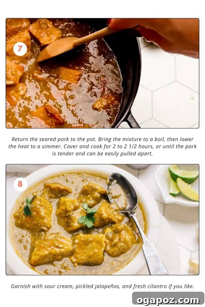 The Ultimate Award-Winning Pork Green Chili 8 Process shots: The seared pork is returned to the skillet, brought to a boil, then simmered. The final Green Chile Verde is served in a bowl with lime wedges.