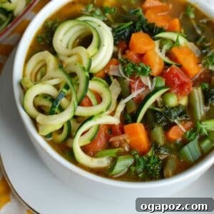 Vibrant Spring Minestrone 9 Spring Vegetable Minestrone, top-down view, for recipe card thumbnail.