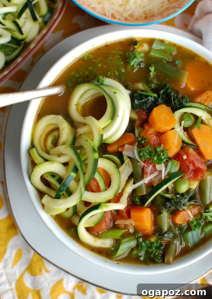 Vibrant Spring Minestrone 3 An overhead shot of Spring Vegetable Minestrone, showcasing a rich broth, a variety of colorful vegetables, and tender zucchini noodles, ready to be enjoyed.