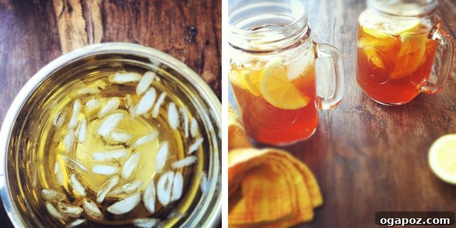 Quick Quench Iced Tea 4 A pitcher of iced tea being vigorously stirred in a large bowl filled with ice and water, creating an ice bath.