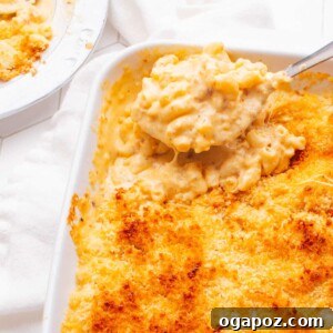 Old Fashioned Baked Macaroni and Cheese with a spoon scooping some out.