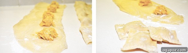 Autumn Gold Ravioli with Toasted Hazelnut Butter 4 Hands meticulously folding and sealing fresh pasta sheets around dollops of butternut squash and mascarpone filling to create homemade ravioli