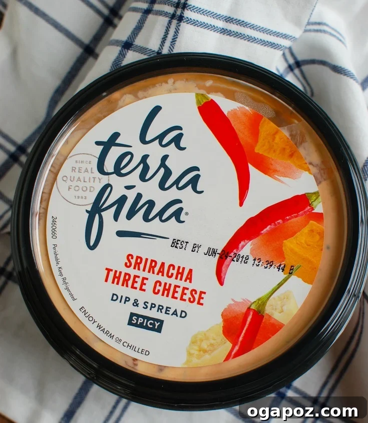 La Terra Fina Sriracha Three Cheese Dip container, showcasing the product packaging and brand