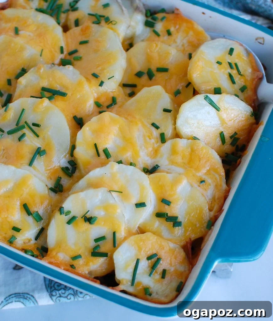 Creamy Spinach Artichoke Potato Gratin 2 Spinach Artichoke Scalloped Potatoes in a beautiful blue baking dish, ready to be served, showcasing the creamy layers and melted cheese.