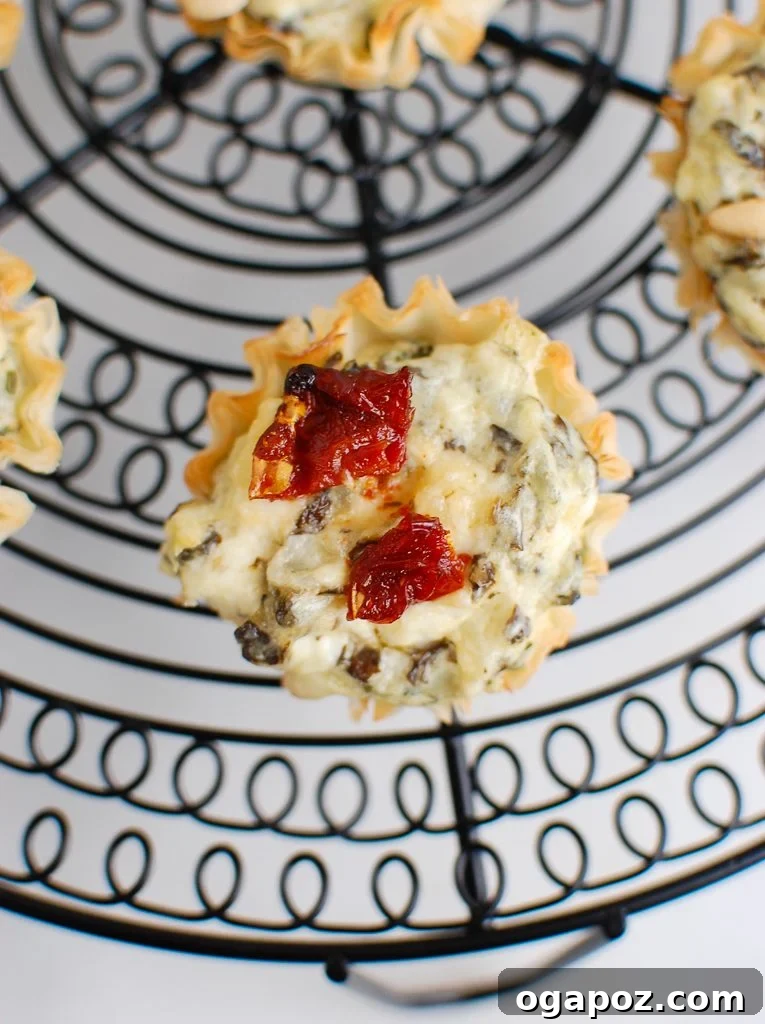 Savory Sun-Dried Tomato Spinach Artichoke Phyllo Bites 5 A single Spinach Artichoke Sun-dried Tomato Phyllo Bite on a small plate, ready to be enjoyed.