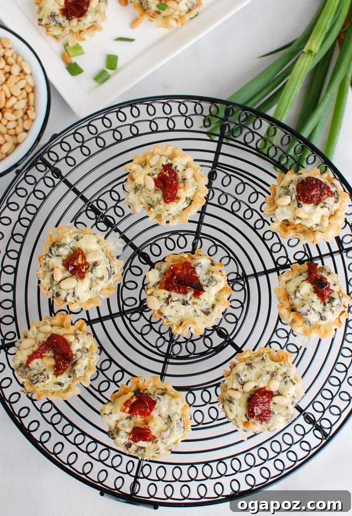 Savory Sun-Dried Tomato Spinach Artichoke Phyllo Bites 6 Spinach Artichoke Sun-dried Tomato Phyllo Bites seen from above, on a wire cooling rack.
