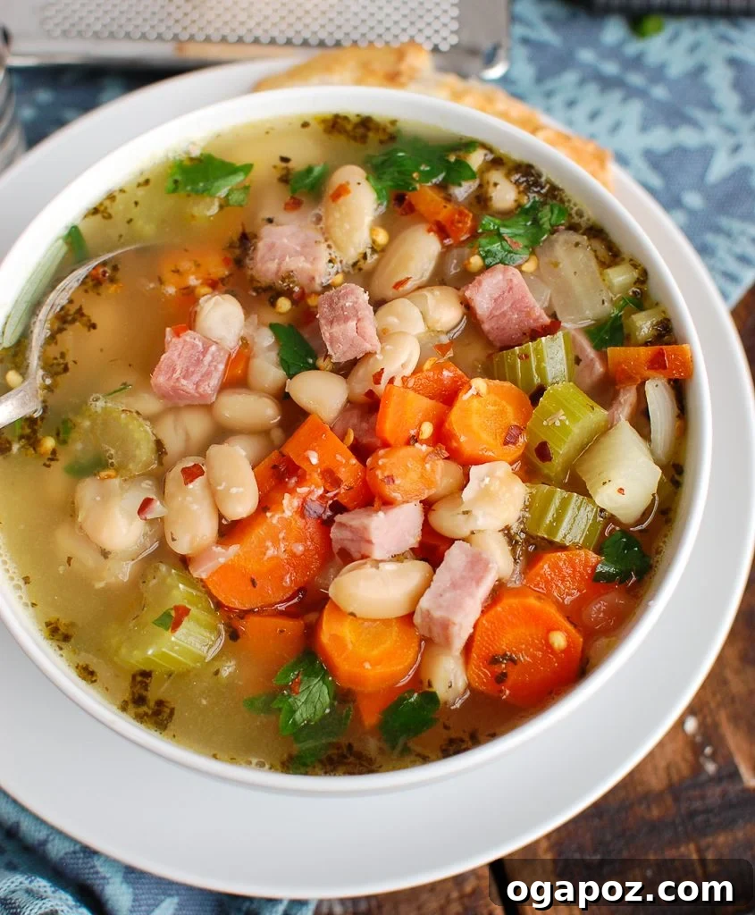 Rustic Ham and White Bean Soup 2 White Bean Soup and Ham with Spoon, garnished with fresh herbs, ready to be enjoyed.
