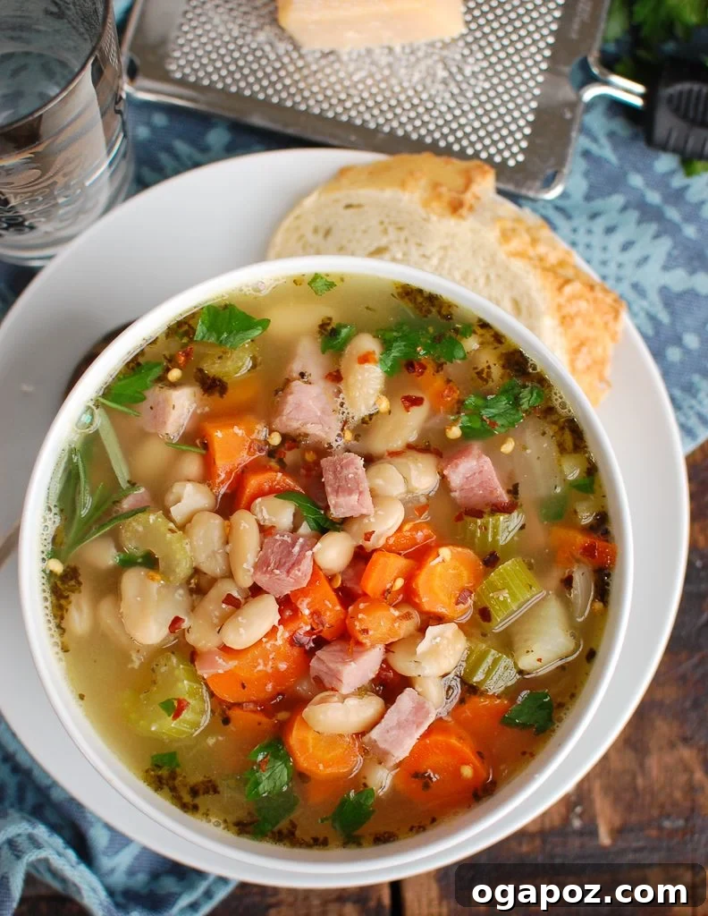 Rustic Ham and White Bean Soup 5 Close-up of White Bean and Ham Soup, highlighting the creamy white beans and tender ham pieces.