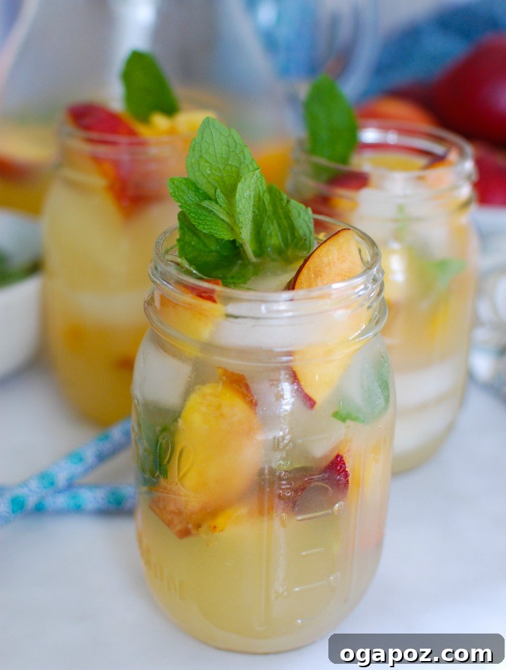Peachy Fizz Lemonade 4 Three glasses of Sparkling Peach Lemonade, garnished with mint and peach slices.