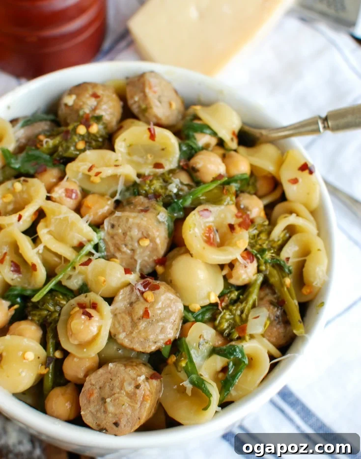 One Pot Sausage Broccoli Orecchiette 4 Close-up of One Pot Orecchiette with Sausage and Broccoli in a large pan