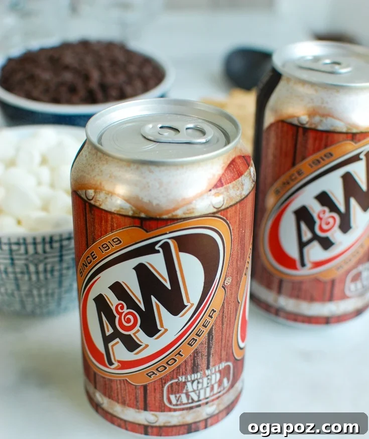 S'mores A&W Root Beer Floats 4 A display of ingredients for S'mores A&W Root Beer Floats including root beer, ice cream, and toppings
