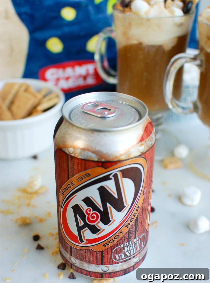 S'mores A&W Root Beer Floats 5 A bag of A&W Root Beer cans next to s'mores float ingredients