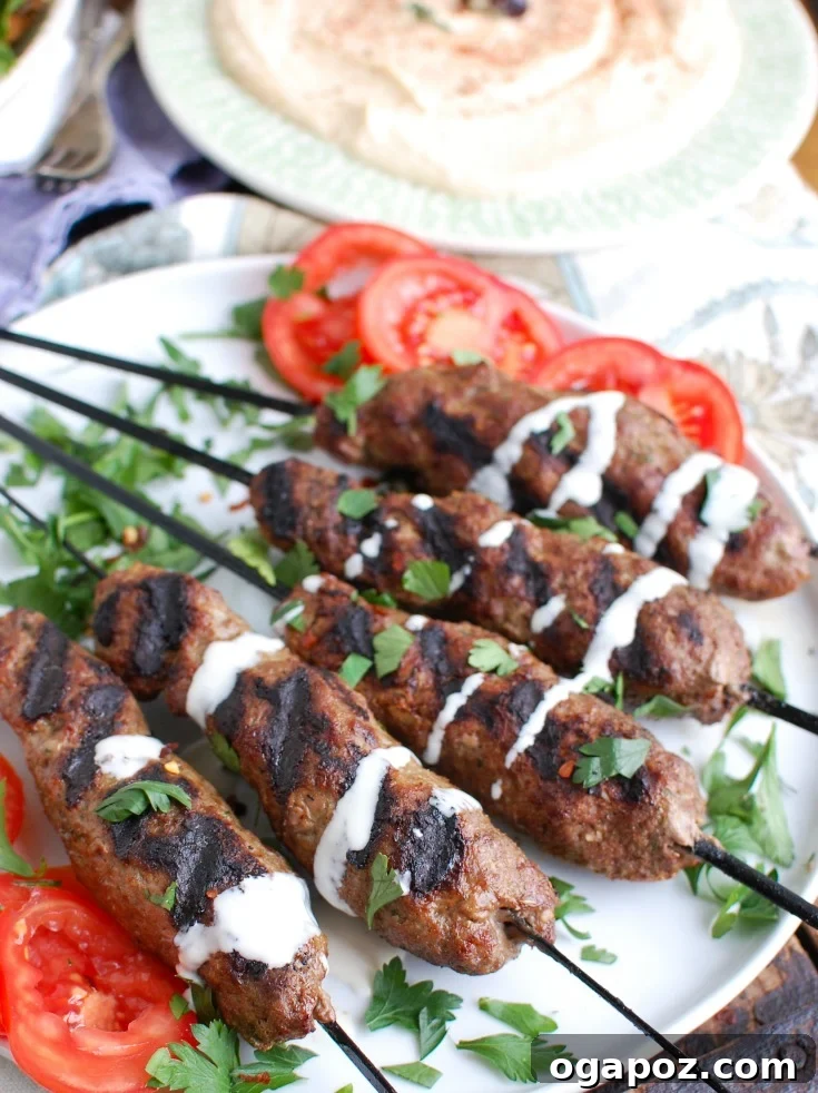 14 Sun-Kissed Mediterranean Grilling Recipes 5 Close-up of succulent Grilled Beef Kafta Kebabs seasoned with warm Middle Eastern spices.