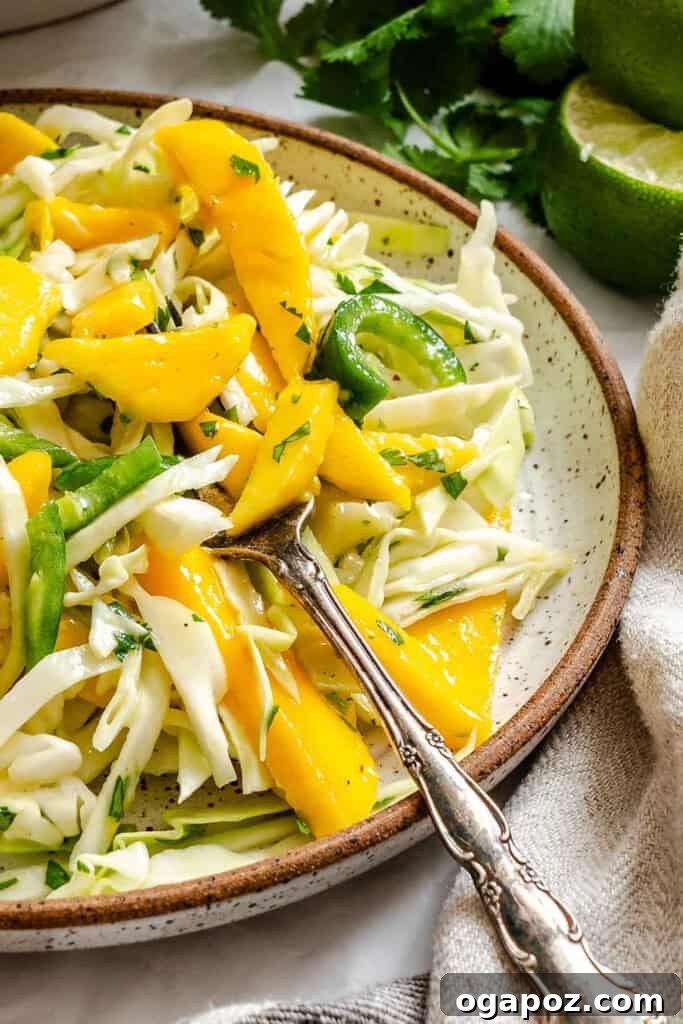 Effortless Tropical Mango Slaw 3 Easy Mango Cabbage Coleslaw in a bowl with a fork, ready to eat.