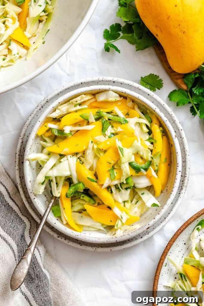 Effortless Tropical Mango Slaw 7 A bowl of Easy Mango Cabbage Coleslaw with a fork, ready to be tossed.