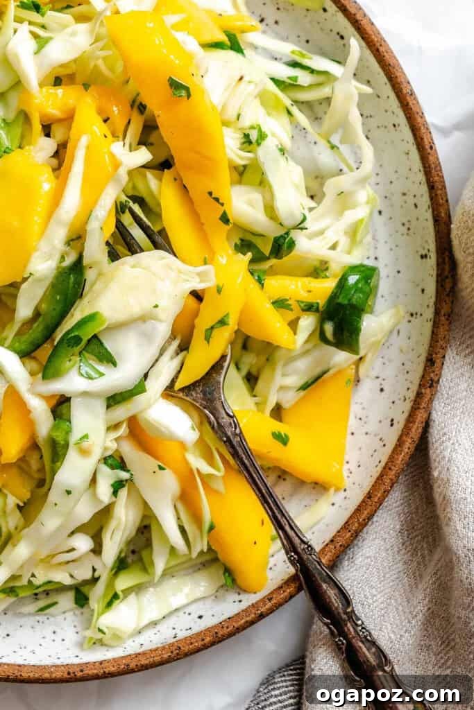 Effortless Tropical Mango Slaw 8 Easy Mango Cabbage Coleslaw being mixed in a large bowl.