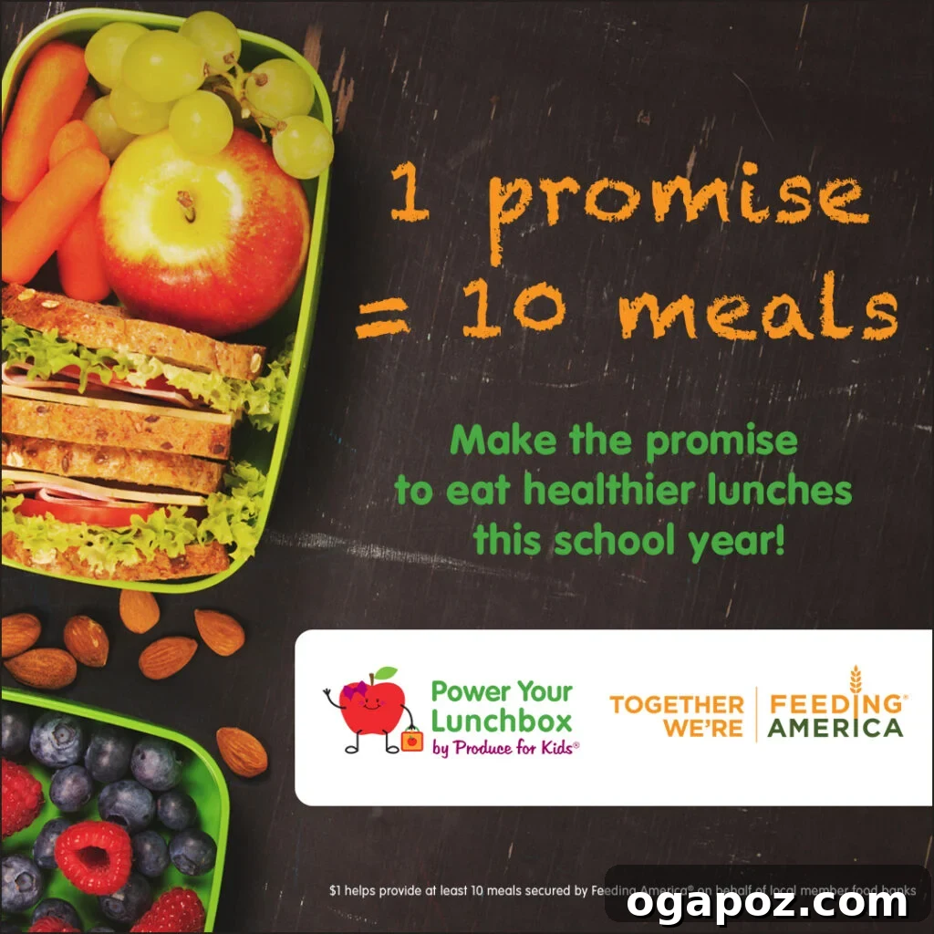 Island Breeze Chicken Salad 4 A family gathered around a table with school lunchboxes, emphasizing the 'Produce for Kids Power Your Lunchbox Promise' for healthier eating.