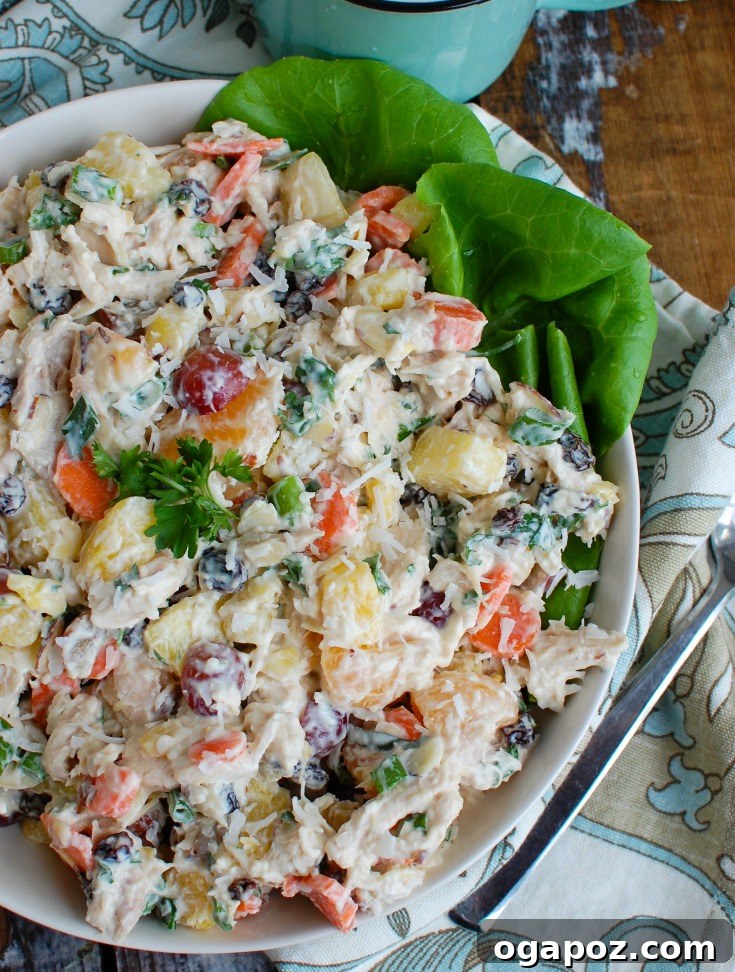 Island Breeze Chicken Salad 5 Tropical Chicken Salad served on a white plate, showcasing its colorful ingredients and appealing presentation, ready to be enjoyed.