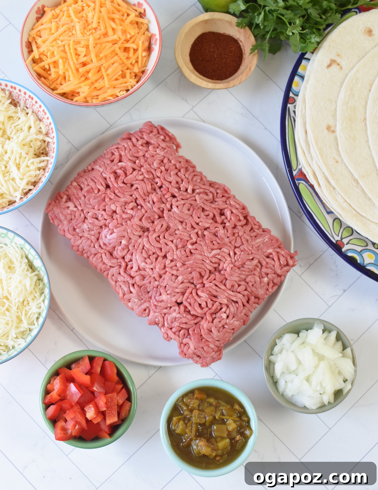 Quick & Hearty Beef Enchiladas 3 Fresh ingredients laid out for making Beef Enchiladas.