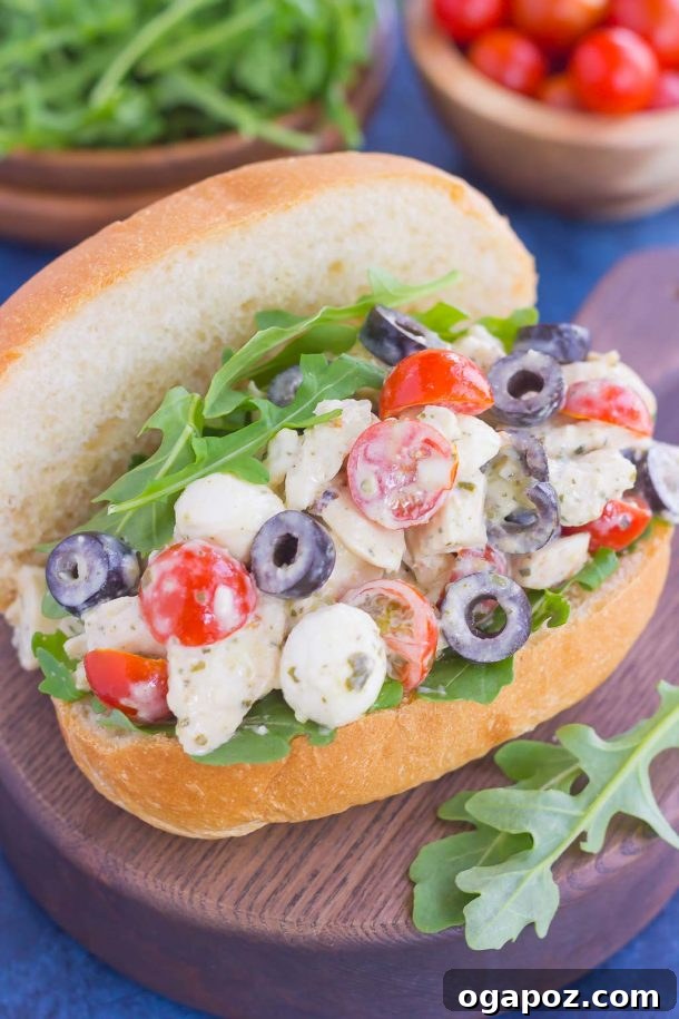 11 Effortless Chicken Salad Creations 4 A refreshing Italian Chicken Salad featuring vibrant Mediterranean ingredients like sun-dried tomatoes, olives, and fresh herbs.