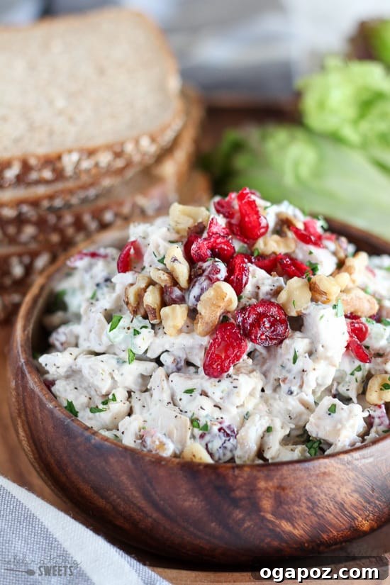 11 Effortless Chicken Salad Creations 7 Sweet and savory Cranberry Walnut Chicken Salad, a classic combination of dried cranberries, crunchy walnuts, and tender chicken.