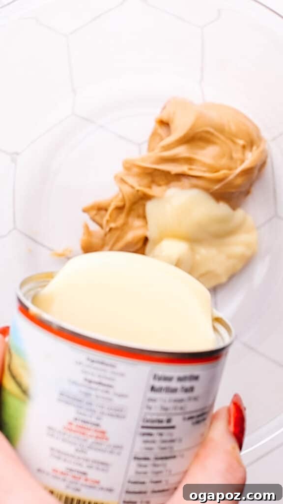 Two Ingredient Creamy Peanut Butter Fudge 4 Two ingredients in bowls: peanut butter and condensed milk