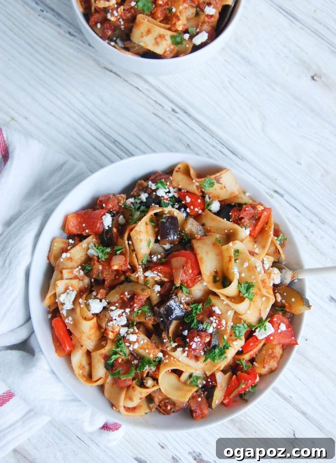 11 Ultimate Eggplant Recipes 11 Hearty Ratatouille Pappardelle featuring classic French ratatouille vegetables mixed with broad pasta noodles.