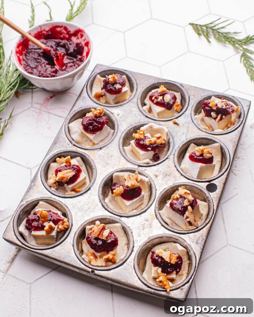 Effortless Brie Everyone Will Love 3 Unbaked Brie Bites assembled in a mini muffin tin, ready to go into the oven.