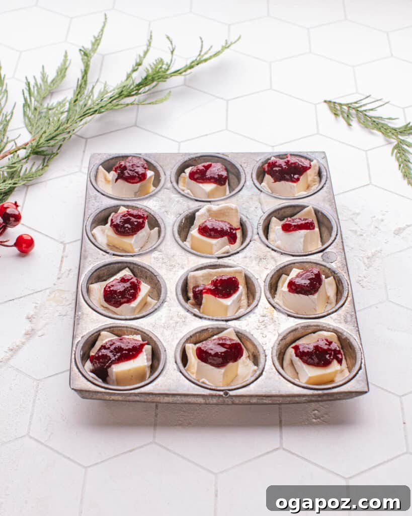 Effortless Brie Everyone Will Love 5 Close-up of Brie appetizer components neatly arranged before baking, showing puff pastry, brie, and cranberries.
