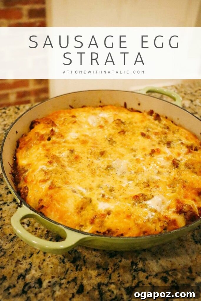 A bubbling Sausage Egg Strata, fresh from the oven, with a crunchy, crispy top and a rich, comforting savory filling, perfect for a special morning.