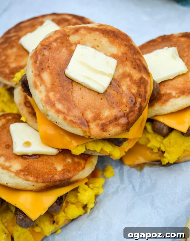 Stacked Sausage, Egg, and Cheese Pancake Sandwiches, with fluffy pancakes embracing scrambled eggs, savory sausage patties, and melted cheese.