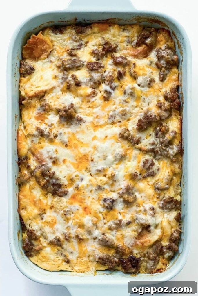 A rich Sausage Breakfast Casserole, baked to perfection with a golden-brown top, bubbling with cheesy goodness, and ready to be served.