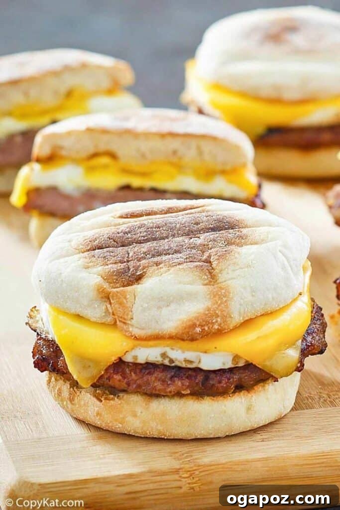 A classic Copy Cat Egg McMuffin, featuring a perfectly cooked egg, savory sausage patty, and melted cheese on a toasted English muffin, ready to satisfy.