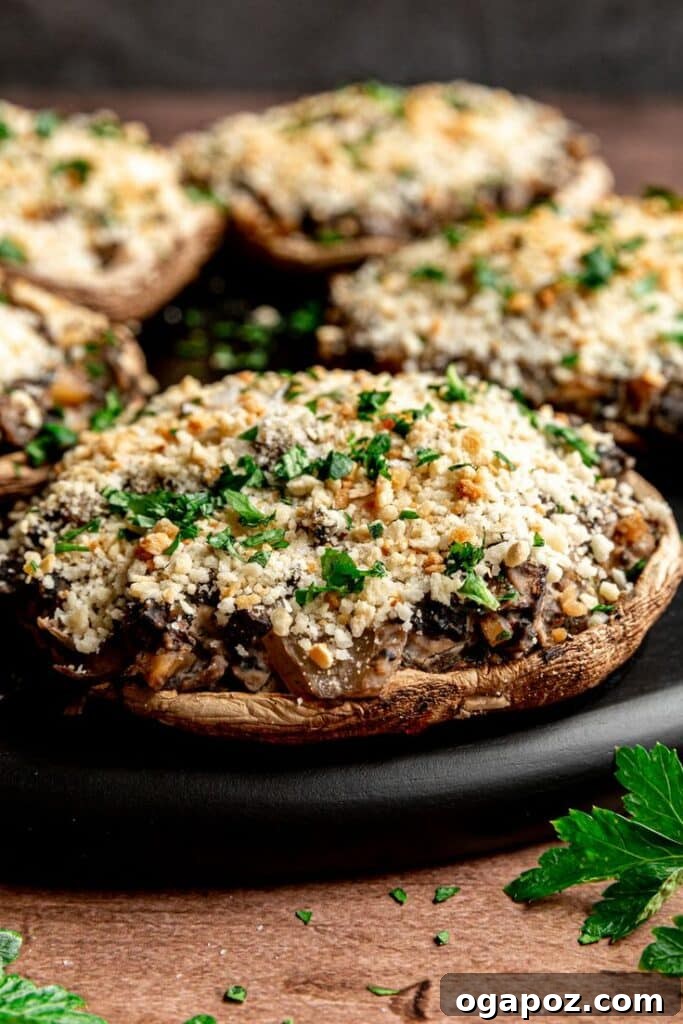 Effortless Healthy Sides for Meatloaf 35 Delicious Choices 24 A perfectly prepared healthy meatloaf side, featuring a large vegan stuffed portobello mushroom, rich in savory flavors.