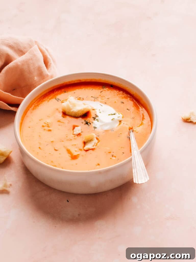 Beyond the Bowl: Essential Sides to Elevate Your Mac and Cheese 19 A bowl of homemade tomato soup, elegantly garnished with a swirl of cream and crispy croutons.