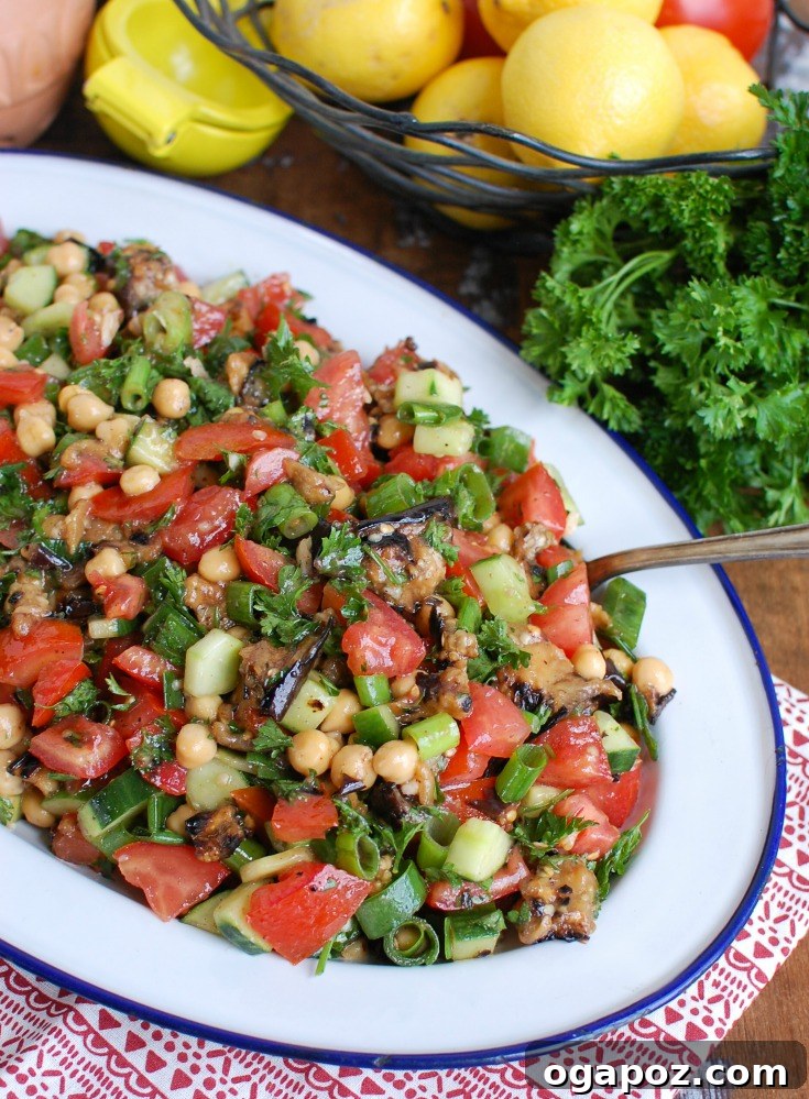 Zesty Mediterranean Eggplant Chickpea Delight 2 Mediterranean Eggplant Chickpea Salad on Side View, showcasing grilled eggplant, chickpeas, tomatoes, cucumbers, and fresh herbs in a light dressing.