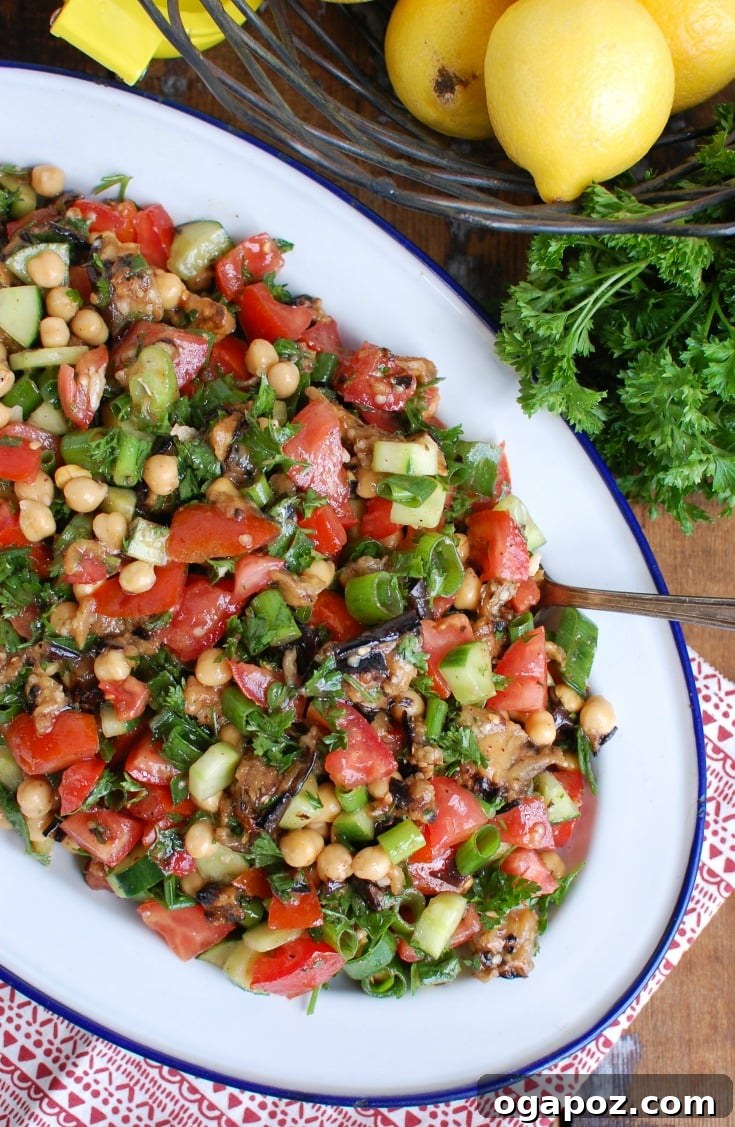 Zesty Mediterranean Eggplant Chickpea Delight 4 Mediterranean Eggplant Chickpea Salad on a white and blue platter, vibrant with fresh ingredients.