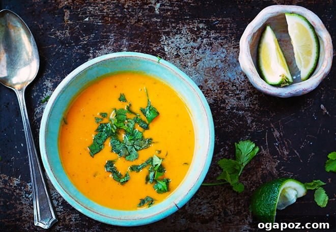 Velvety Thai Sweet Potato Peanut Coconut Soup 2 A bowl of creamy Thai Coconut-Peanut Sweet Potato Soup garnished with fresh cilantro and a lime wedge.