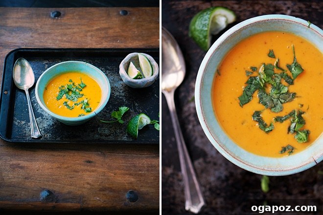 Velvety Thai Sweet Potato Peanut Coconut Soup 3 Close-up of the smooth, orange Thai Coconut-Peanut Sweet Potato Soup in a rustic bowl.