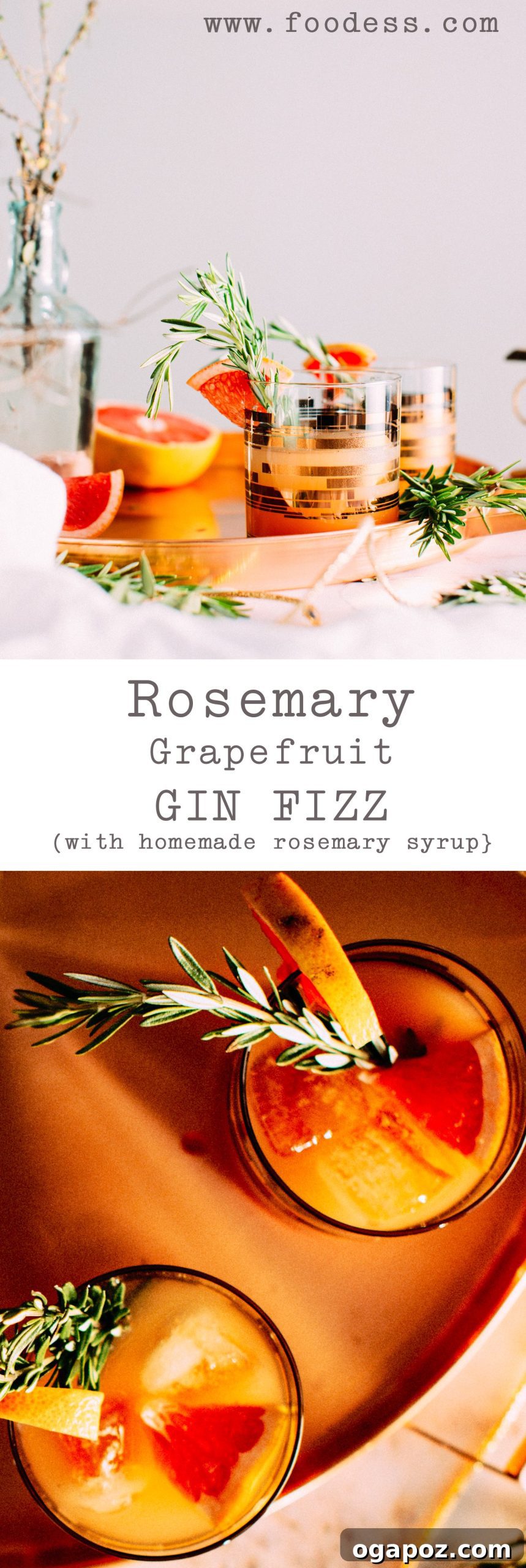 Zesty Rosemary Gin Spritz 4 A close-up shot of the fresh ingredients for the Rosemary-Grapefruit Gin Fizz, including vibrant grapefruit, aromatic rosemary sprigs, gin, and sparkling water, hinting at the refreshing flavors to come.