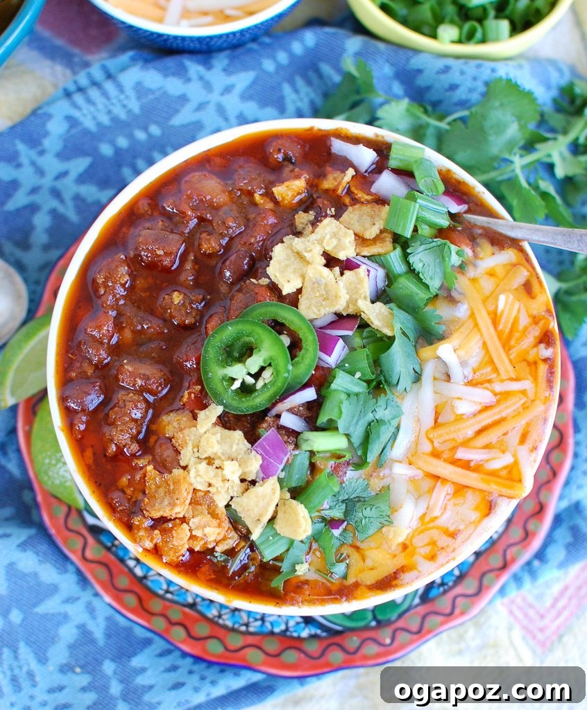 Hearty Instant Pot Beef Chili 3 Close-up of Instant Pot Beef Chili served in a white bowl