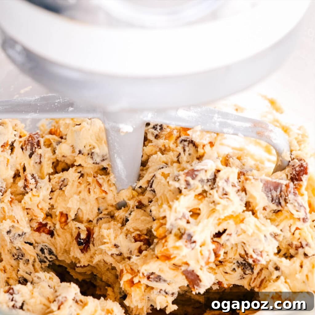Grandma's Simple Hermit Cookies 7 Hermit cookie dough mixed with fruits and nuts in a stand mixer.
