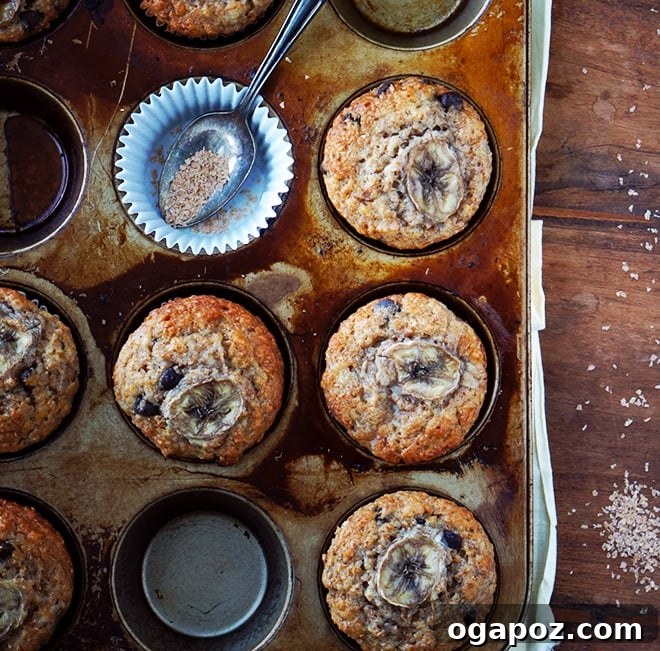 Wholesome Banana Bran Delights 4 Close-up of golden brown banana bran muffins with chocolate chips and banana slices on top, showcasing their moist interior and delicious texture.