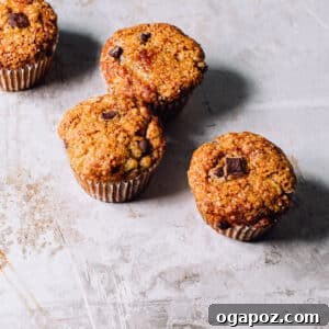 Wholesome Banana Bran Delights 9 Four beautifully baked banana bran muffins, rich with chocolate chips, presented on a cooling rack, signifying the perfect outcome of the recipe.