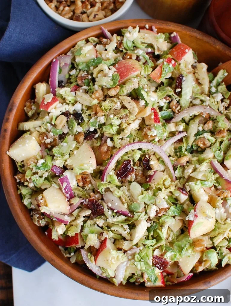 Harvest Brussels Salad with Apple & Chèvre 3 A close-up of the Brussels Sprout Apple Goat Cheese Salad, showing the variety of ingredients in a half bowl.