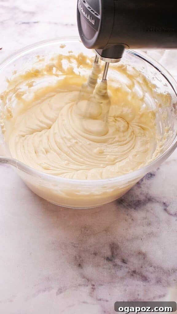 Philadelphia Cheesecake Classic Perfection Pro Insights 9 A close-up view of cheesecake filling being mixed to a smooth consistency in a large bowl with an electric mixer.