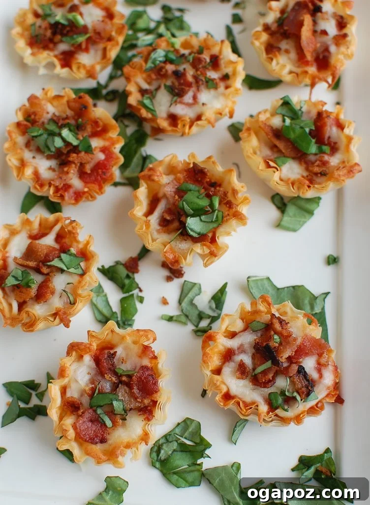Cheesy Bacon Pizza Poppers 2 Crispy Bacon Pizza Bites on a white platter, ready to serve